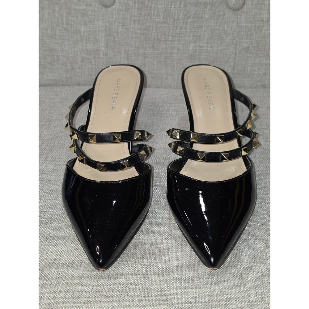 Black Patent Studded Pointed Toe Marc Fisher Kitten Heel Mules Size 8.5M